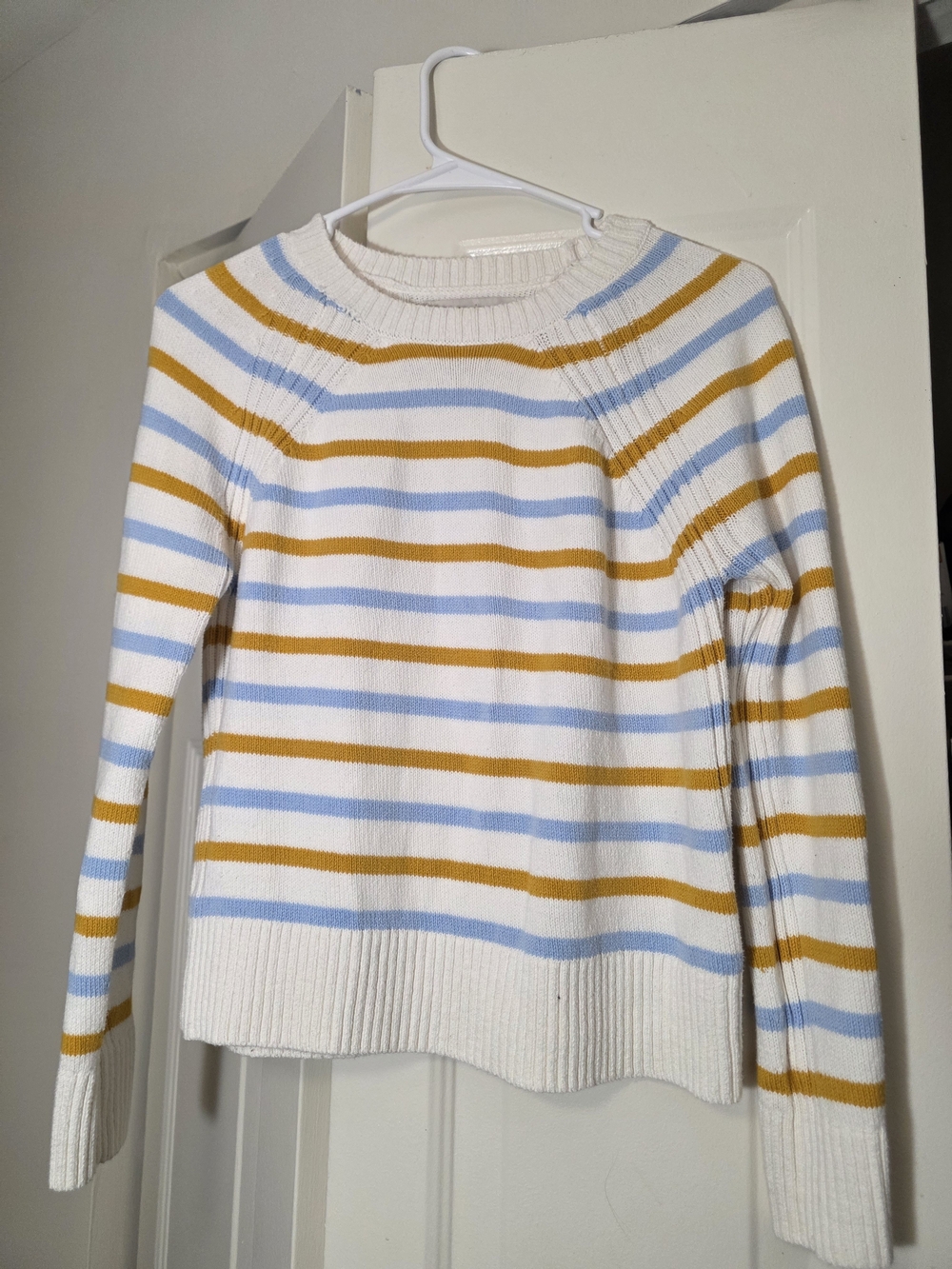 LOFT Striped Crewneck Sweater - White, Light Blue & Mustard